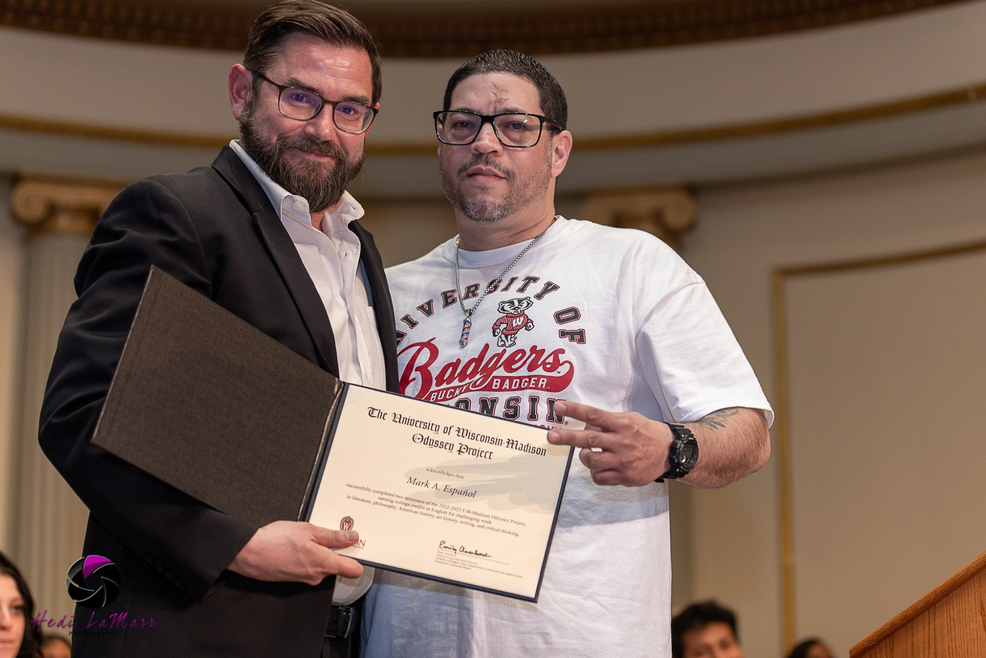 Mark Espanol receives his Odyssey Beyond Bars diploma from Kevin Mullen, photo by Hedi LaMarr Rudd